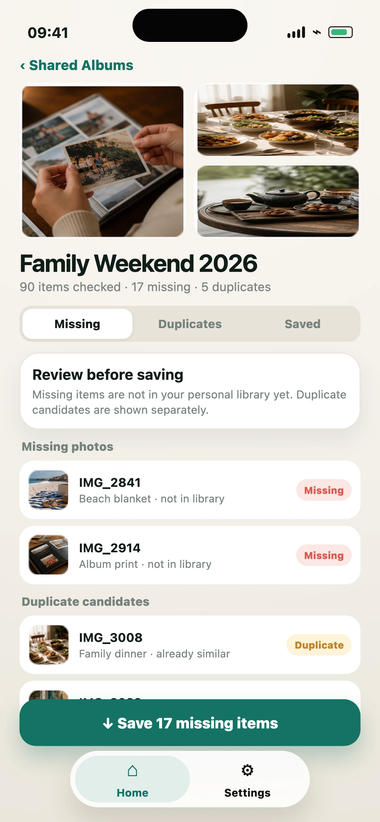 Shared Album Saver detail screen showing missing photos and duplicate candidates before saving.
