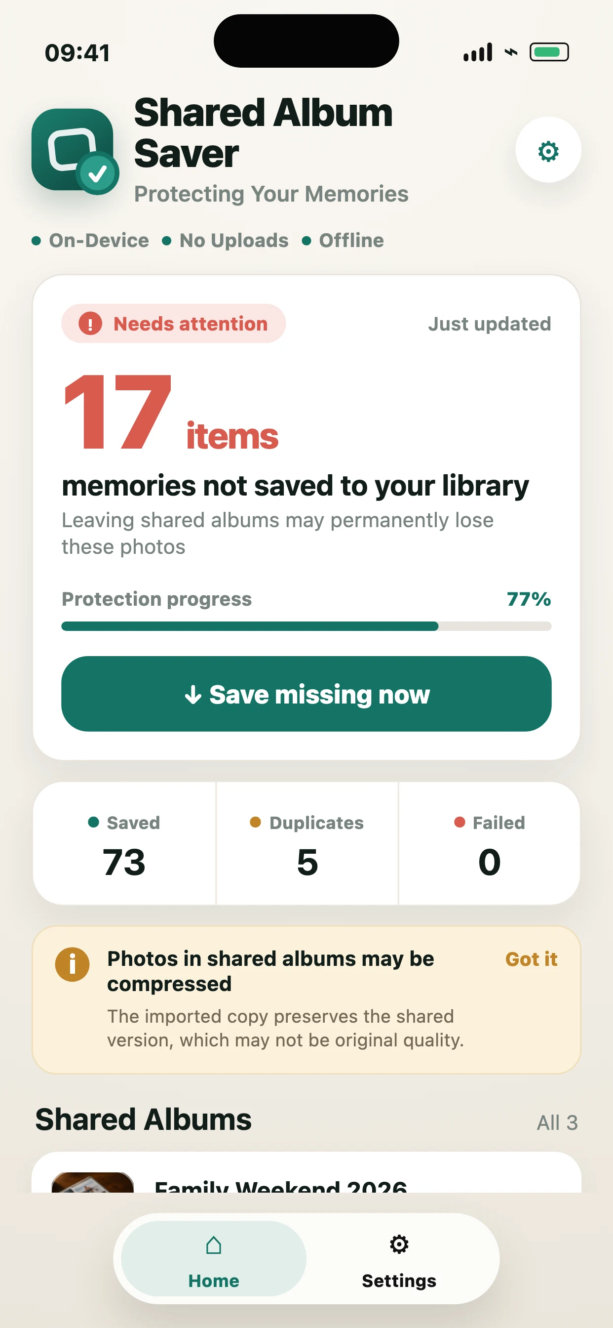 Shared Album Saver iPhone overview showing local processing, privacy, and shared album scan counts.